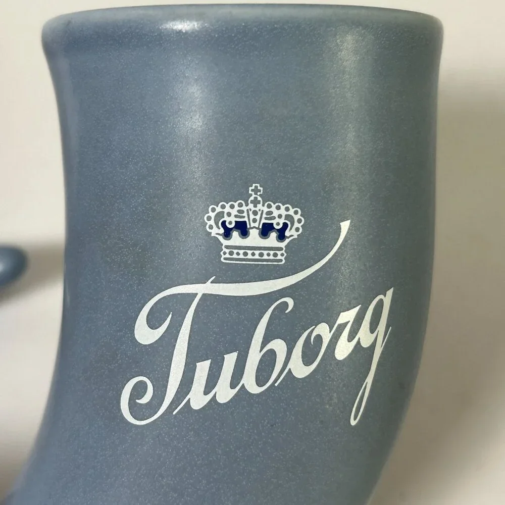 Tuborg Horn Shape Beer Drinking Mug Blue Ceramic Set of 2 Brewery Danish Vintage